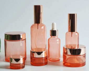 1-200px Pink Red Glass Cosmetic Packaging Set, Glass Essential Oil Dropper Bottle, Liner Room Home Bed Spray Bottle, Cream Jar Container