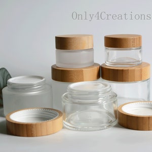 Glass Cream Jars Natural Bamboo Refillable Cosmetic Container Bottles Glass Cosmetic Sample Jars for Face Cream Makeup Eye Shadow Travel