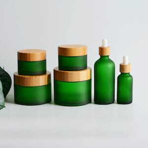 Green Frosted Glass Cosmetic Packaging 30g 50g 150g 200g Glass Cream Jar 5ml 10ml 30ml 50ml 100ml Dropper Bottle Cosmetic Container