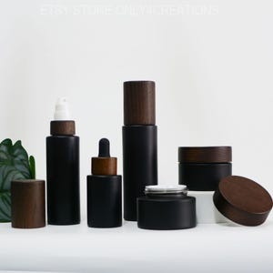 Natural Bamboo With Matte Black Cosmetic Packaging Cream Jar/Perfume Spray Bottle/Serum Lotion Pump Bottle/Dropper Bottle For Essential Oil