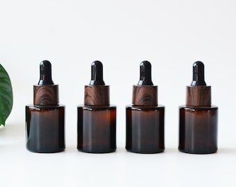 20 ml bursztynowa szklana butelka z kroplomierzem • Nakrętka z słojami drewna do olejków eterycznych, perfum i serum