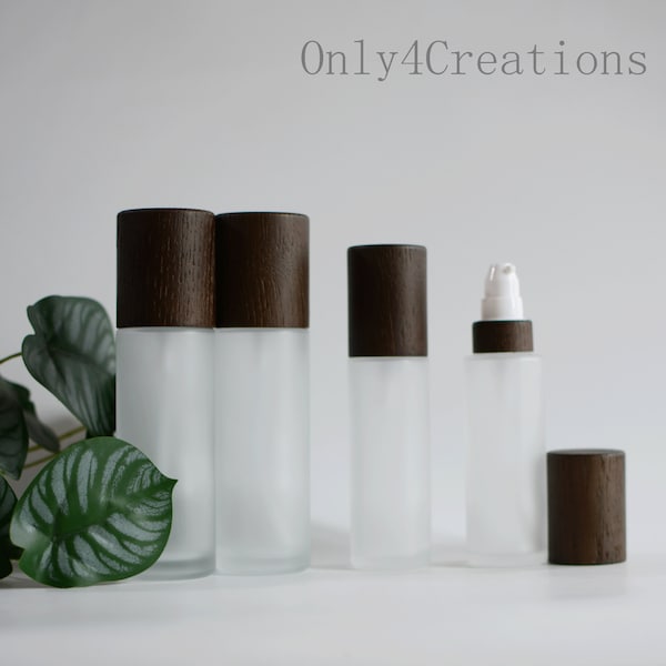 30~100ml Refillable Frosted Glass Lotion Bottle with Black Natural Wood Lid for Emulsion Essence Liquid Glass Lotion Dispenser Wholesale