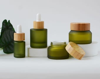 0.5oz 1oz Natuurlijke Bamboe Oilver Groen Glazen Druppelflesje & Crèmepot Essentiële Olie Container Gezichtscrème Pot Huidverzorging Comsetic Sets Bulk