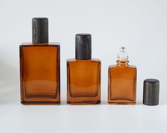 30 ml, 50 ml, 100 ml, bouteilles vides, verre carré ambré transparent, bouchon en bois noir, boule en acier inoxydable, contenant d'huile essentielle de SPA, détail