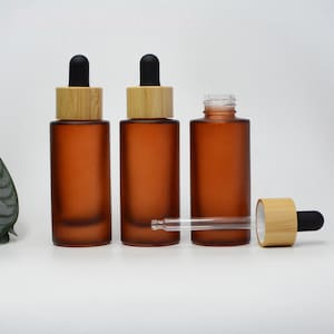 30ml 1OZ New Style Dropper Bottle Matte Amber Glass Bmaboo Cap For Cosmetic Dropper Essential Oil Dropper Skin Care Toner For Oil Wholesale