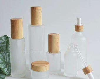 DIY handgemaakte cosmetische verpakking set, glazen fles bamboe houten look afdrukken, schoonheid verpakking, huidverzorging verpakking set, cosmetische container