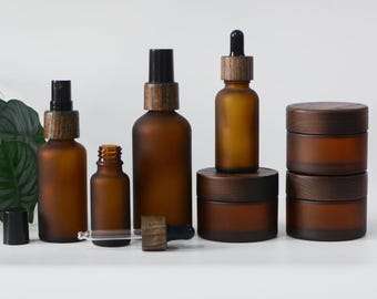 Natural Wooden Retro Style Cosmetic Packaging Sets Spray/Dropper/Cream Jar Frosted Amber Glass Black Wood Cap Perfume/Essential Oil/Balm Oil