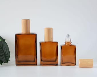 30ml 50ml 100ml Natural Bmaboo Roller Bottles Square Amber Glass ,Stainless Ball For Essential Oil Travel Portable Perfume Body Perfume Bulk