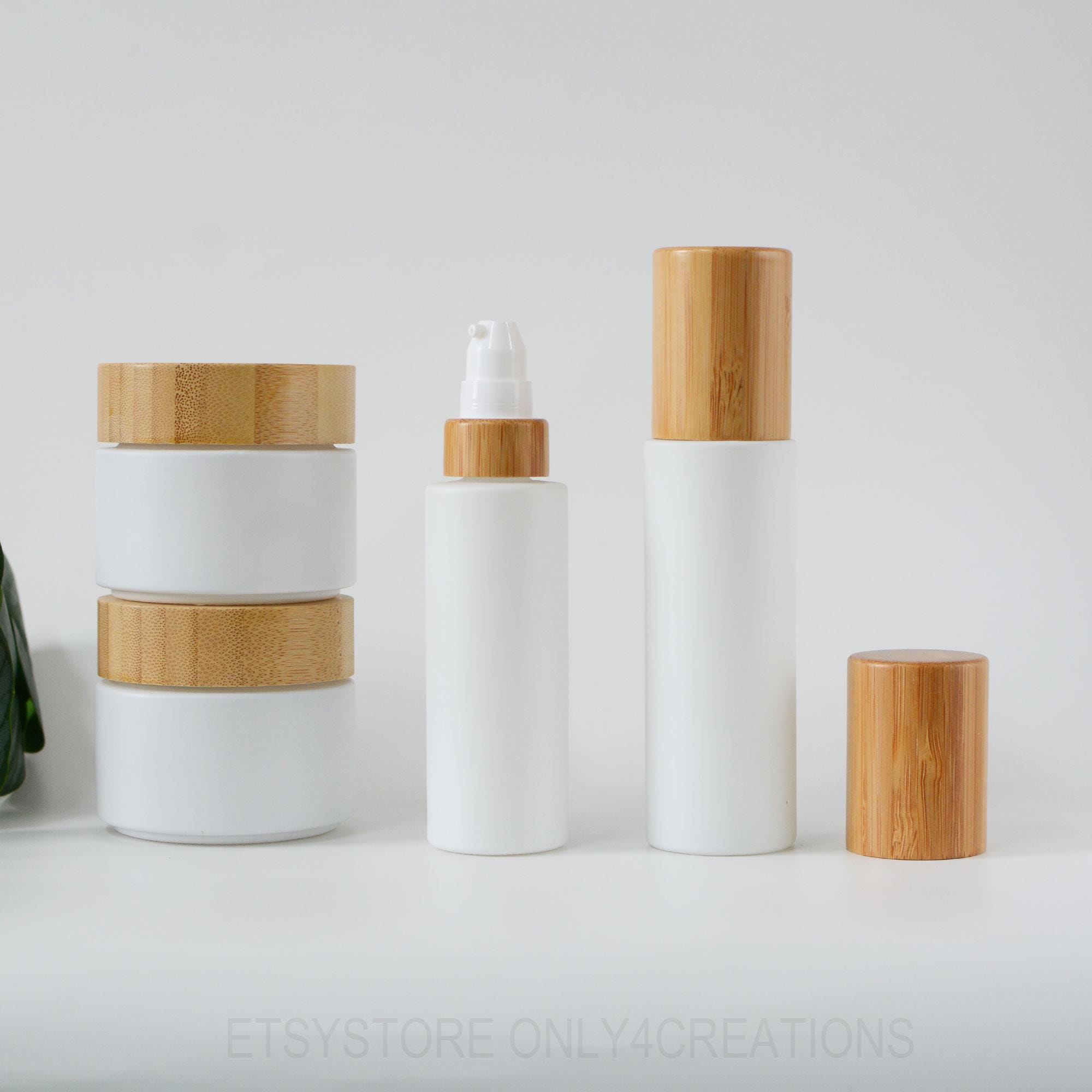 Matte White Glass Cosmetic Packaging Set, Lotion Bottle Cream Jar Natural Bamboo Wooden Lids Beauty Packaging Skin Care Packaging Set