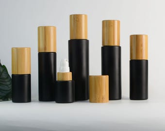 Botella con bomba para loción y suero (20 ml, 30 ml, 50 ml, 60 ml, 80 ml, 100 ml, 120 ml), tapa de bambú natural, vidrio negro mate plano para loción tónica, nuevo producto.