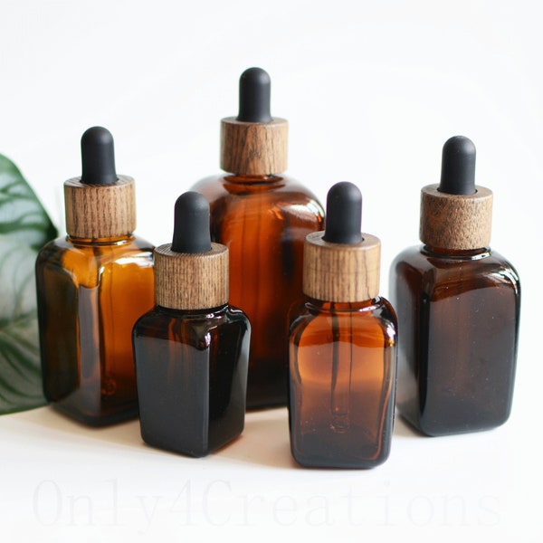 10 ~ 50ml quadratische Bernsteinaugentropfflasche für ätherische Öle mit natürlichen Holzdeckeln Glasflaschen mit Augentropfflasche Auslaufsichere Reiseflaschen