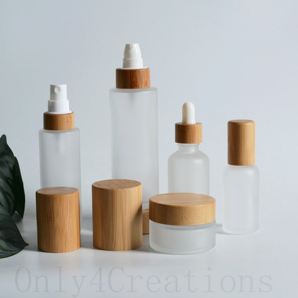 Frosted Glass Cosmetic Packaging Set, Spray Lotion Roller Dropper Bottle Natural Bamboo Wooden Lids Beauty Packaging Skin Care Packaging Set