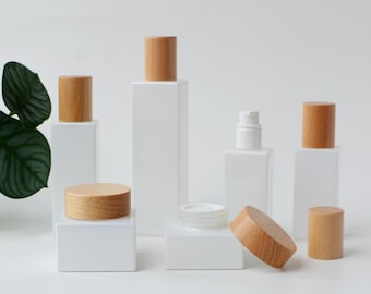 1-200 stks wit gecoate vierkante glazen lotion serum oliefles, 30 ml 50 ml 100 ml 120 ml 30 g 50 g, natuurlijke houten verpakking, vierkante zalfpotje pot