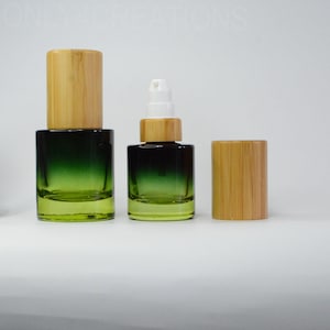 30ml 50ml Natural Pump Lotion Bottles Gradient Green Thick Glass +Natural Bamboo All Cover For Essential Oil Container Bulk Order