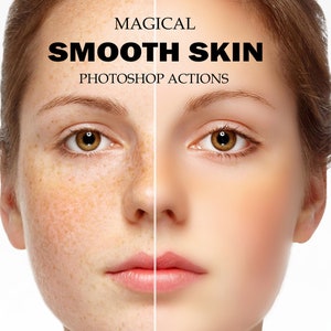 Peut inclure: Image avant et après montrant les effets d'une action Photoshop pour lisser la peau. Le côté gauche de l'image montre le visage d'une femme avec des taches de rousseur et des imperfections. Le côté droit de l'image montre le même visage de femme avec une peau lisse et impeccable. Le texte "MAGICAL SMOOTH SKIN PHOTOSHOP ACTIONS" est affiché au-dessus de l'image.