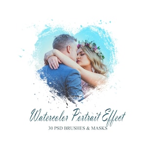 Puede incluir: Una pareja abrazándose en un efecto acuarela, con un fondo azul y blanco. El texto "Watercolor Portrait Effect" y "30 PSD Brushes & Masks" está debajo de la imagen.