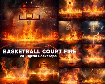 28 Basketball Court Fire Digital Backdrops: Sports Photography Overlays (JPG File)
