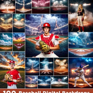 Può includere: Una collezione di 100 sfondi digitali di baseball con varie scene di stadi, cieli drammatici e giocatori di baseball. Le immagini mostrano diverse condizioni di illuminazione e angolazioni, con un focus sull'azione e l'atmosfera. Il testo "100 Baseball Digital Backdrops" è in basso.