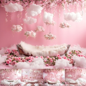 Puede incluir: Un telón de fondo rosa con un barco de madera forrado de piel sintética blanca, rodeado de nubes blancas y flores rosas. El telón de fondo está decorado con nubes blancas y flores rosas que cuelgan del techo.