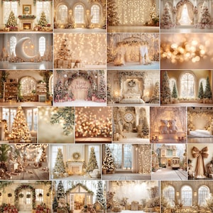 May include: A collage of Christmas-themed backdrops featuring decorated Christmas trees, festive garlands, and soft, warm lighting. The scenes include fireplaces, arches, and a variety of holiday decorations, creating a cozy and inviting atmosphere.