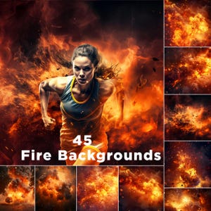 Könnte beinhalten: 45 Feuerhintergründe. Eine Sammlung digitaler Hintergründe mit feurigen orangefarbenen und gelben Flammen und Rauch. Die Hintergründe eignen sich perfekt, um Ihren Designs eine dramatische und energiegeladene Atmosphäre zu verleihen.