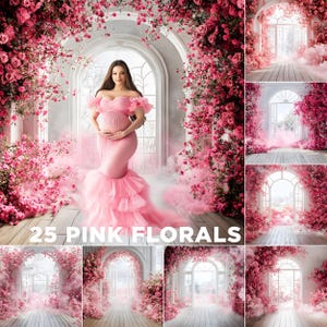 May include: A pregnant woman in a pink tulle gown stands in front of a backdrop of pink flowers and a white archway. The backdrop is made up of 25 different floral arrangements.