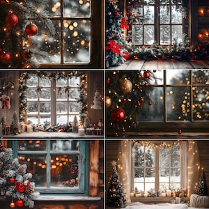May include: A collage of four images featuring different Christmas window scenes. Each window is decorated with twinkling lights, garlands, and ornaments. The windows look out onto snowy landscapes and wintery scenes.
