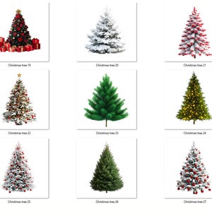 May include: Nine different Christmas trees decorated with ornaments, lights, and snow. The trees are all green and have a variety of decorations.