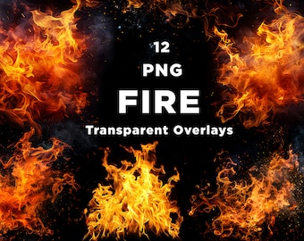 May include: Twelve PNG images of fire overlays. The images show different shapes and sizes of fire with a black background.