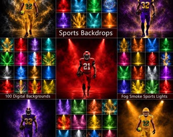 May include: A collection of 100 digital sports backdrops featuring football players in various colored uniforms, including yellow, purple, and red, set against dramatic fog, smoke, and spotlight effects. The text reads Sports Backdrops, 100 Digital Backgrounds, Fog Smoke Sports Lights, and 100 JPG Backdrops.