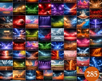 285 Baseball Field Digital Backdrops: Stadium Lights, Smoke Effect (JPG File, 300 DPI)