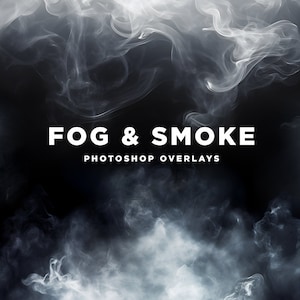 Puede incluir: Una colección de superposiciones de Photoshop con efectos de humo y niebla blancos sobre un fondo negro. El texto "FOG & SMOKE" y "PHOTOSHOP OVERLAYS" se muestra en blanco.