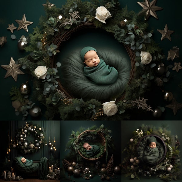 13 Newborn Digital Backdrops Dark Green, Newborn Photography Backgrounds, Photoshop Overlays