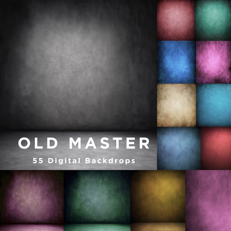 May include: A collection of 55 digital backdrops in various colors, including red, blue, green, yellow, and purple. The backdrops have a textured, vintage look and are perfect for photographers and graphic designers.