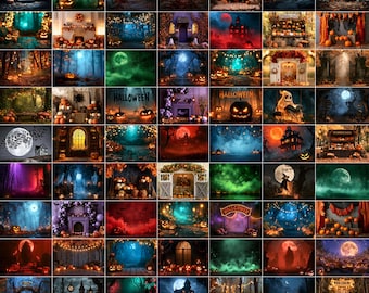 May include: A collection of 200 digital Halloween backdrops featuring various scenes including haunted houses, pumpkin patches, spooky forests, and moonlit landscapes. Each image is provided in high-resolution JPG format at 300 dpi.