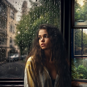 Puede incluir: Una mujer con el pelo largo y castaño mira por una ventana con gotas de lluvia en el cristal. La ventana está dividida en tres secciones, la sección superior muestra una vista de una calle con árboles y coches. La sección del medio muestra una vista de una calle con árboles y edificios. La sección inferior muestra una vista de una planta.