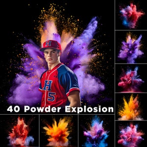 May include: A baseball player wearing a red and blue jersey with the letter 'H' and the number '5' on it, stands in front of a purple and orange powder explosion. The text '40 Powder Explosion' is at the bottom of the image.