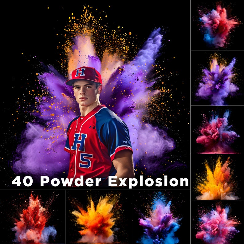 May include: A baseball player wearing a red and blue jersey with the letter 'H' and the number '5' on it, stands in front of a purple and orange powder explosion. The text '40 Powder Explosion' is at the bottom of the image.