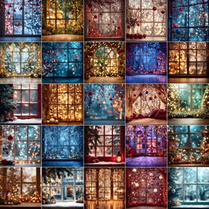 Pode incluir: Uma colagem de imagens com tema natalino, cada uma com uma janela com decorações festivas. As janelas são adornadas com luzes cintilantes, enfeites e folhagens sazonais, criando uma atmosfera festiva acolhedora e convidativa. A paleta de cores inclui azuis, vermelhos, verdes e dourados.