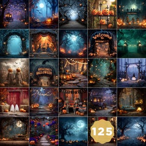 Peut inclure: Un collage d'images numériques sur le thème d'Halloween. Les scènes présentent des forêts effrayantes, des citrouilles lumineuses et des chemins étranges. Certaines scènes présentent des pleines lunes, tandis que d'autres montrent des éléments décoratifs comme des guirlandes lumineuses et des calèches.