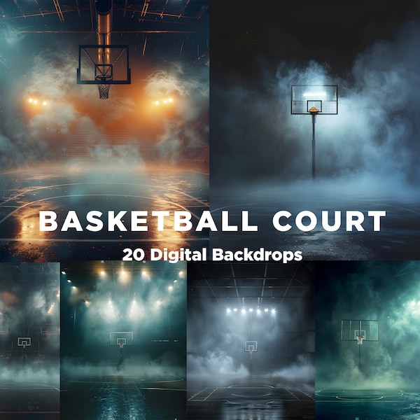 20 Fondos digitales de cancha de baloncesto para fotografía deportiva: niebla, luces de suelo, superposiciones deportivas, plantillas deportivas de fotografía