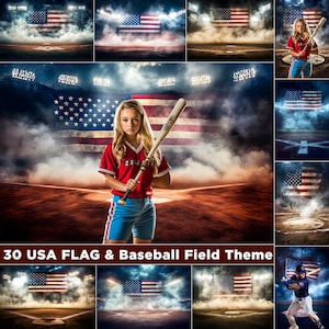 Peut inclure: Une jeune personne en uniforme de baseball rouge tient une batte devant un grand drapeau américain. L'arrière-plan présente un terrain de baseball avec des projecteurs et une atmosphère enfumée. L'image est un composite à thème patriotique.