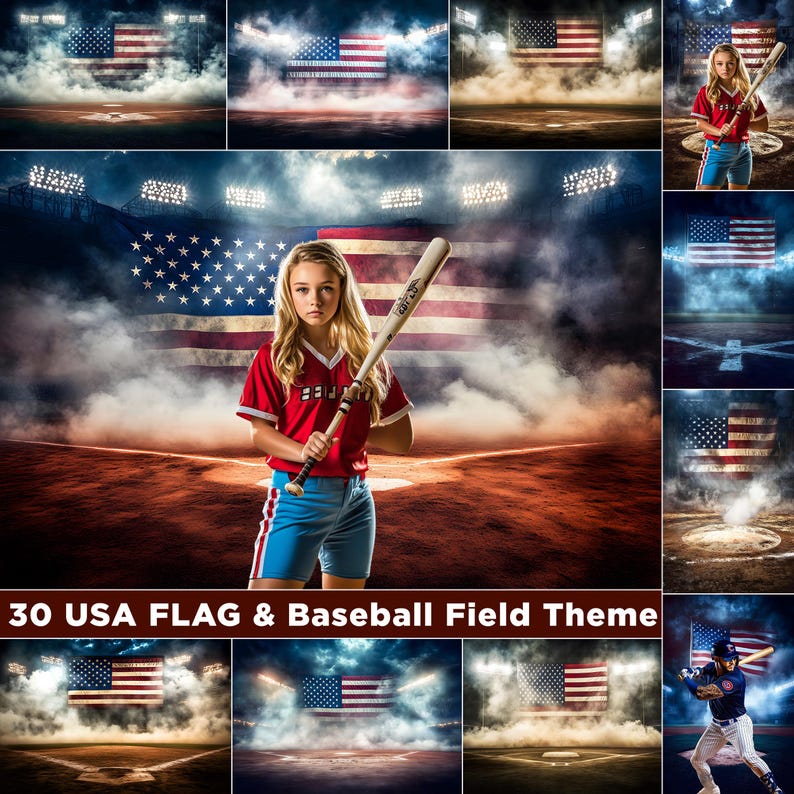 USA Flag Baseball Field Digital Backdrops: Sports Poster Template (JPG ...