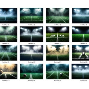 Pu&ograve; includere: Una collezione di 16 sfondi digitali con campi da calcio illuminati da luci da stadio. Ogni sfondo ha una prospettiva diversa, alcuni con nebbia o un pallone da calcio. Gli sfondi sono etichettati da "Backdrop (1)" a "Backdrop (16)".
