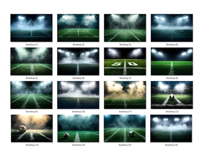 Pu&ograve; includere: Una collezione di 16 sfondi digitali con campi da calcio illuminati da luci da stadio. Ogni sfondo ha una prospettiva diversa, alcuni con nebbia o un pallone da calcio. Gli sfondi sono etichettati da "Backdrop (1)" a "Backdrop (16)".