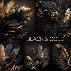 Puede incluir: Un collage de cinco imágenes con plumas negras y doradas dispuestas en diferentes patrones. El texto "BLACK & GOLD" se muestra en el centro del collage.