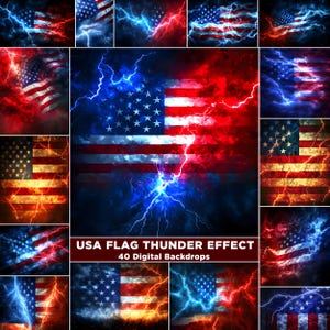 Puede incluir: Un conjunto de 40 fondos digitales que muestran la bandera estadounidense con un efecto de trueno. Las banderas están representadas en rojo, blanco y azul, con rayos. El texto "USA FLAG THUNDER EFFECT" y "40 DIGITAL BACKDROPS" es visible.