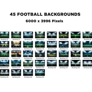 Pu&ograve; includere: Immagine che mostra 45 sfondi di calcio. Ogni sfondo presenta un campo da calcio con luci dello stadio, alcuni con un pallone in gioco. Gli sfondi sono in varie tonalit&agrave; di verde e blu.