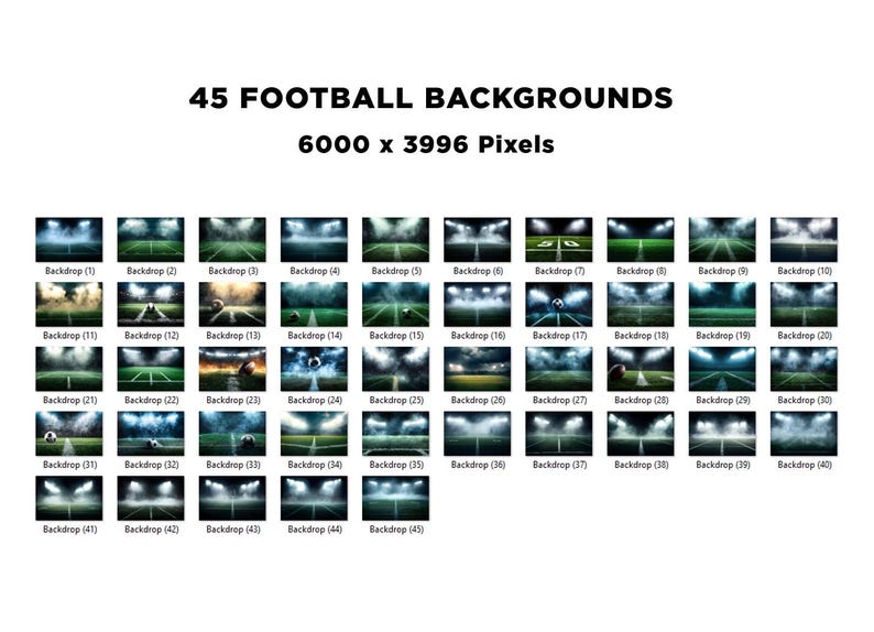 Pu&ograve; includere: Immagine che mostra 45 sfondi di calcio. Ogni sfondo presenta un campo da calcio con luci dello stadio, alcuni con un pallone in gioco. Gli sfondi sono in varie tonalit&agrave; di verde e blu.