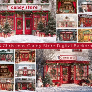 May include: A collection of digital backdrops featuring Christmas candy stores. The images showcase red storefronts with festive decorations, wreaths, and snow-covered surroundings. The text "candy store" and "Candy Hut" are visible.